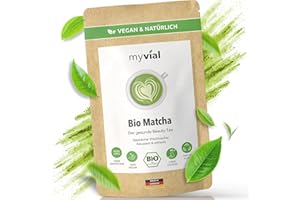 ‎MYVIAL Myvial Bio Matcha Pulver Premium 100g - traditioneller grüner Tee aus Japan - mit Koffein & L-Theanin - vegan - 100% natürlich & laborgeprüft