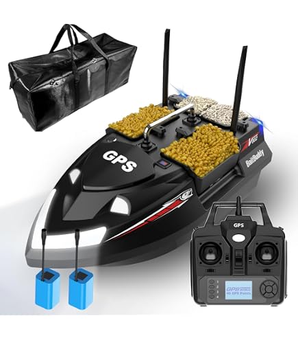 Barca da pesca wireless per esche da 500M, barca giocattolo RC intelligente motoscafo, tramoggia di carico da 1,5kg, doppi motori, borsa portatile ( barca nera