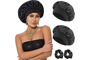 Loomify Gorro de Seda para Dormir, Gorros Saten Pelo Rizado, 2 Piezas Bonnet de Satén con 2 Coleteros para Mujeres y Niñas (Negro,Negro)