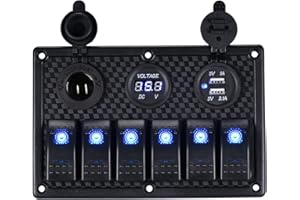 GIDREN Panneau de Commutation à Bascule étanche à 6 Gangs, Affichage de Tension numérique 12V / 24V, Double Prise de Chargeur USB 5V (BLEU)
