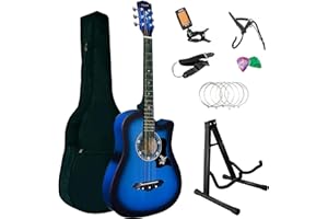 Crystals Acoustic Guitar Full Package Pack with Accessories - 4/4 Size 38" Classic 6 Strings (Blue + Guitar Stand)