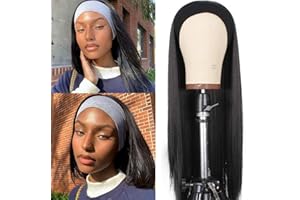 Leeven 24 Inch Black Headband Wig Silk Straight Long Wig Heat Resistant Hair Fiber Glueless Non Lace Front Headband Wigs for Woman Machine Made Scarf Wrap Wig with Head Band Black Straight Wig /1B