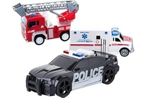 Dazmers Friction Powered City Hero Play Set Including Fire Engine Truck, Ambulance, Police Car - 3-Pack Emergency Vehicles with Light and Sound