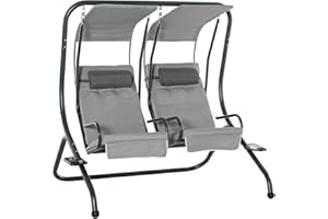 Outsunny Balancelle de Jardin 2 Places indépendantes 2 tablettes Supports Coussins Assise Dossier Grand Confort 1,7L x 1,36l x 1,7H m Acier Noir Polyester Gris