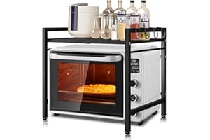 IFACA Estantería extensible para microondas con 6 ganchos,Estante para Microondas de Suministro de vajilla de Almacenamiento para Colgar, Microondas Rack Capacidad de Carga de 50 kg, Negro(40/60*42*32 cm