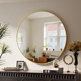 BEAUTYPEAK 46 cm Round Mirror, Shatterproof Wall Mirror with Aluminium Frame, Bathroom Mirror for Hanging and Leaning, Round 