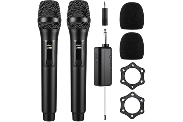 FerBuee Microphone sans Fil Micro à Main Double avec Récepteur Rechargeable, Sortie 1/4”, 1/8" pour Amplificateur, Système de Sonorisation, Karaoké, Église, Réunion (Noir & Noir)