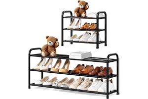 MIKVOYO justerbart litet skohylla, svart metall, 3 hyllor | skoställ med justerbar bredd 45–80 cm, monteringstid 5 minuter, f