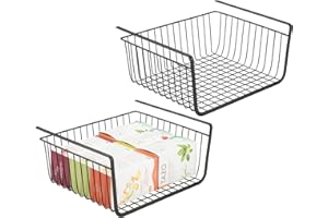 mDesign Juego de 2 estantes de cocina colgantes de metal resistente – Cestas metálicas grandes para cocina y despensa – Robusta cesta colgante para alimentos y utensilios de cocina – negro