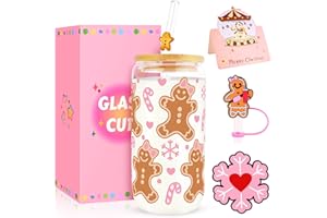 BINGTOO Verres en verre de Noël avec couvercles et pailles, Cadeaux de Noël pour femmes, Verres à café glacé de 16 oz en forme de bonhomme en pain d'épice, Accessoires de décoration pour tasses et mugs