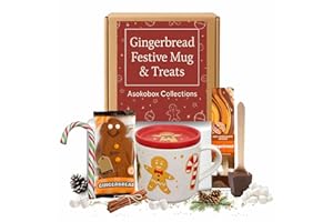 ASOKOBOX COLLECTIONS Christmas Gingerbread Gift Set - Festive Hot Chocolate Mug with Gingerbread Man Biscuit, Candy Cane & Hot Chocolate Marshmallow Spoon - Cosy Christmas Treat Box for Her, Him, Ideal for Gifting