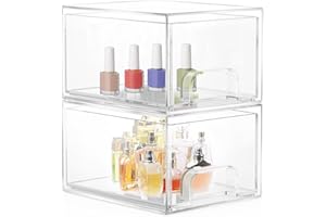 RSAROUUD MOY 2 Stück Badschrank Organizer Box, Stackable Acryl Aufbewahrungsbox Schublade mit 16 rutschfeste Matte und Haltbarkeit, Organisationsboxen für Schlafzimmer Spülbecken Schreibtisch Badschrank Organizer