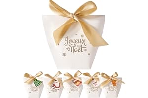BHGT 25PCS Boîtes de Bonbon Joyeux Noël et Étiquettes Rubans Bonbonnière Chocolat en Carton Ballotin Dragée pour Emballage Petit Boîtes Cadeau Fêtes de Noël 12 x 10cm