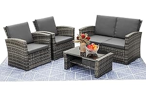 ESTERNO LIVING Mixed Grey Outdoor Rattan Garden Furniture Set with Charcoal Grey Cushions Luxury 4 Seater Sofa with Modern Wicker Weave Chairs and Coffee Table FREE RAIN COVER