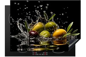 KitchenYeah© Protection Plaque Induction 71x52 cm Protege Deco Gadget Cuisine Cache Protège De Cuisson Accessoire Olives - Vertes - Eau - Noire