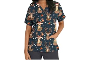 TSACHICK Christmas Black Scrubs V Neck Christmas Scrub Top Xmas Christmas Scrubs Tops Nurse Adult Santa Nurse Uniform Women Workwear Beauty Tunic Medical Uniforms & Scrubs Work Healthcare Tunics For Women