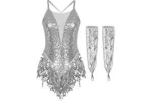 Nyeemya Maillot Ballet Danza Gimnasia para Mujer Brillante Leotardo Sin Mangas Body con Flecos Disfraz para actuación de Baile Latino Cha Cha