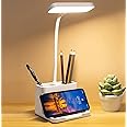 LED Desk Lamp with Pen & Phone holder, USB Rechargeable Book Reading Light,Eye-Caring Study Lamp for Kids, Touch Table Lamp with Flexible Gooseneck for Home, Office,3 Color Modes & Stepless Dimming