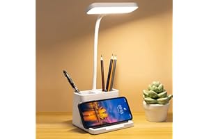 KEYAWAY LED Desk Lamp with Pen & Phone holder, USB Rechargeable Book Reading Light,Eye-Caring Study Lamp for Kids, Touch Table Lamp with Flexible Gooseneck for Home, Office,3 Color Modes & Stepless Dimming
