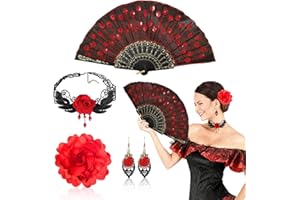 FOUNSHO 4 piezas de accesorios de flamenco con diseño de rosas para mujeres y niñas, con lentejuelas bordadas, plegables, gargantilla de abanico, clip para el pelo, disfraz de bailarina española para
