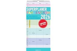 ‎ALPHA EDITION Alpha Edition - Colourful Super Planner - 3 Columns 2026 - Family Calendar 22 x 45 cm with 3 Columns & Note Area, Colourful Wall Planner with Holiday Dates for Family, Shared & Office, German Language