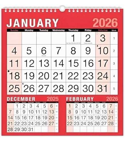 2026 Wall Calendar – 3 Months to View Spiral Bound Planner with