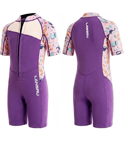 Combinaison Néoprène Enfant Lansru 2mm – Cœur Violet, Zip Intégral, UV Et Chaude !