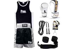 Prime Leather PSS Ultimate Kids Boxing Uniform Set of 5 Pieces Comfortable Student Uniform age 3-14 Years Boxing Gloves 6-OZ Free Boxing Wraps Color White & Black 1006