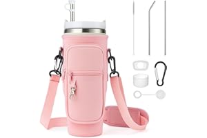 Enbagold Bolsa Portabotellas de Agua para Stanley Cup 40oz, Bolso Stanley Cup con Correa y Bolsillo para Teléfono, Accesorios para Pajita y Accesorios a Prueba de Fugas y Mosquetón (Rosa)