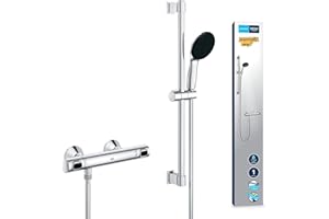Grohe Precision Flow 34800001 zestaw prysznicowy z termostatem, oszczędność wody ~ 8 l/min (1 rodzaj strumienia, blokada bezpieczeństwa w temperaturze 38°C, drążek prysznicowy 60 cm, wraz z