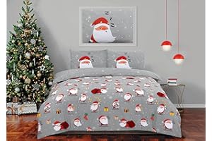 CnA Stores Festive Christmas Santa Double Xmas Grey Red Duvet Cover Bedding Set with Pillowcase