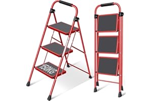 KINGRACK Escabeau 3 Marches, Escabeau Pliant avec Marchepied Antidérapant et Large, Petit Escabeau avec Poignée, Escabeau en Acier Robuste, Léger et Portable, Rouge