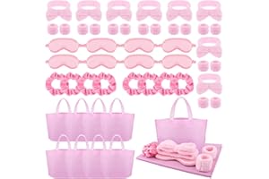 Kklolai 48 Pcs Pamper Spa Sleepover Party Supplies for Girls-8 Bow Fluffy Headbands 16 Clean Wristbands 8 Pink Sleep Eye Mask 8 Satin Scrunchies 8 Makeup Bags for Slumber Birthday