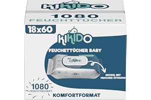 Kikido Feuchttücher Baby - 1080 Tücher, 18 Packungen mit 60 Stück - Feuchte Tücher Sanfte Formel für empfindliche Haut - Mit Frische-Spar-Deckel - Alkoholfrei und seifenfrei - Dermatologisch Getestet
