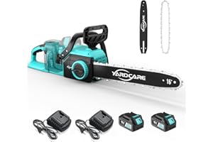 YARDCARE Motosierra inalámbrica de 16 pulgadas con indicador LED y 2 baterías de 4 Ah, motor sin escobillas de 1600 W, velocidad de cadena de 21 m/s, tensado sin herramientas, lubricación automática