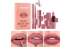 HOPHAT 3PCS Matte Liquid Lipstick Lip Gloss & Liner Set - All-IN-One Lip Kit, Velvety Nude Color, Waterproof Make Up Set (# 04)