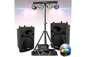 IBIZA SOUND LIGHT Pack Sono DJ300MKII - Ampli 480W 2 Enceintes 500W Max Micro Table de Mixage 5 Jeux Lumière Pied Support DJ