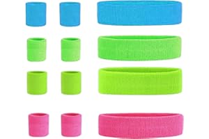 SELOXMCS 12-Teiliges Neon Schweißband Set, 80er Jahre Schweißband Handgelenk Schweißband Stirn Schweissband Retro Party Accessoires für Damen Herren 4 Farben Pink Grün Blu Gelb Schweissband Fitness-zubehã¶r