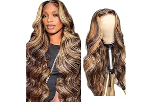 Creuost Echthaar Perücke 4x4 Transparente Spitze vorne Body Wave Lace Front Human Hair Wig Perücke Brazilian Virgin Hair No Tangle No Shedding P4/27 Highlight Blonde Brown 22 Inch