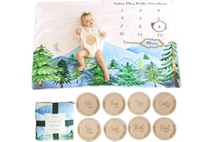 MAXROMSTORY® Couverture Étape pour Bébé – Lot Complet avec 12 Cartes Étapes & 1 Carte de Naissance pour des Photos Inoubliables – Sac en Coton & Accessoires en Bois – Cadeau Future Maman et BabyShower