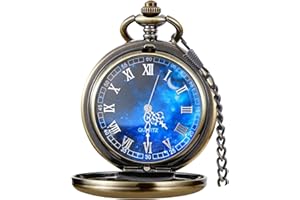 Tiong Vintage Pocket Watch Smooth Steel Roman Numerals/Blue Starry Design Quartz Pocket Watches with Chain for Men Women