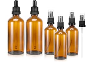 Zikenis 5-teilige Braun Zerstäuber Sprühflasche, 2x100ml 3x50ml mit UV-Schutz, Austauschbare Tropfer und Sprühspitzen, Starke Abdichtung, Tragbar, Reusable, Glas, Braun