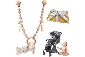 GYHWOFUL Kinderwagenkette Häkelhasen Design, Kinderwagen Spielzeug mit Glocken und Stern Perlenanhängern, Holz Kinderwagenkette Geschenk zur Geburt für Neugeborenen Mädchen Junge