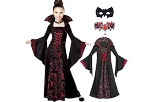 GLEEMEN Kostium wampira dla dziewczynki, sukienka wampira, kostium dziewczynki na Halloween z naszyjnikiem, gotycka sukienka wiktoriańska wampira cosplay karnawał impreza tematyczna