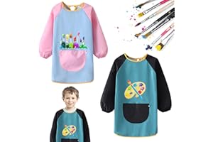 LUBOXIN 2 Stück Malkittel Kinder, Malschürze Kinder 6-12 Jahre Junge Mädchen, Wasserdicht Kinder Langarm Malkittel Mit Großer Taschen für Mädchen Junge für Schule, Kunst, Basteln, Malen und Backen