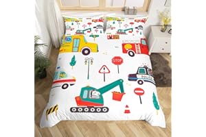 MANFEI Cartoon Fahrzeuge Kinder Bettbezug Set S Größe,Nette Polizei Auto Feuerwehrauto Kleinkind Bettwäsche Set,Mädchen Erwachsene,BAU Bagger Tröster Abdeckung,Bunte Quilt Cover,1 Kissenbezug