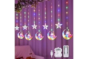 YeahBoom 90 LED Ramadan Licht Stern Mond Lichterketten,3m Sterne Mond und Schloss Ramadan Deko Licht,Eid Mubarak Licht LED mit 8 Blinkenden Modi & Fernbedienung,Batterie & USB betriebene Lichterkette