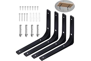 Swpeet 4 Pack 10"L x 8"H Metal Wall Shelf Bracket, Heavy Duty Floating Shelf Support Bracket, Decorative Joint Angle L Steel Bracket Kit Contains 20/40MM Screws, Anchors, Bolts for Home Decor, Black