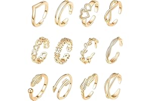 louuuou 12 PCS Gold Toe Rings for Women, Adjustable Rings Womens Stackable Ring for Women Ring Jewellery Floral Heart Arrow Patterns Summer Beach Jewelry Accessories