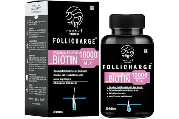 Touche Wellness Follicharge Tablets for Hair & Skin - Premium Formula with Biotin 10000 mcg with 18 Amino Acids, Multi Minerals & Multivitamins for Men And Women 30 Tablets Bottle
